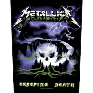 May include: Black graphic featuring the band Metallica's logo in green and white, above a skull and a purple and black background. The text "CREEPING DEATH" is below the skull in green.