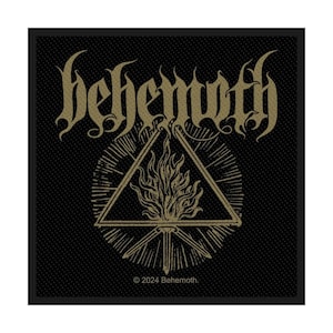 May include: Black square patch featuring the word "behemoth" in a stylized, gothic font. A triangle encloses a flame design, with radiating lines behind it. The text "© 2024 Behemoth" is at the bottom.