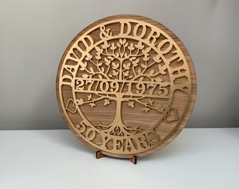 Personalised Tree of Life Anniversary Plaque, Oak Wedding Keepsake with Gold or Silver Names, Anniversary Gift for Parents