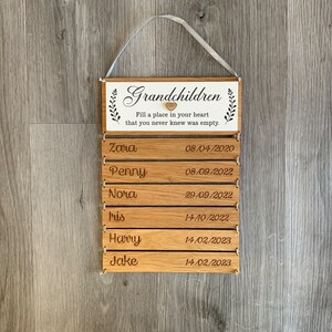 May include: Wooden sign with the text "Grandchildren Fill a place in your heart that you never knew was empty."  The sign has a list of names and dates, including Zara 08/04/2020, Penny 08/09/2022, Nora 29/09/2022, Iris 14/10/2022, Harry 14/02/2023, and Jake 14/02/2023.