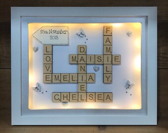 Customised Scrabble Family Name Box Frame with LED lights | Personalised Wedding Gift | Personalised Anniversary Gift | Custom New Home Gift