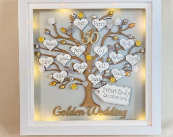 Extra Large Family Tree Frame , Perfect Gift for a Wedding Anniversary with flowers hearts and diamonds - with optional LED lights