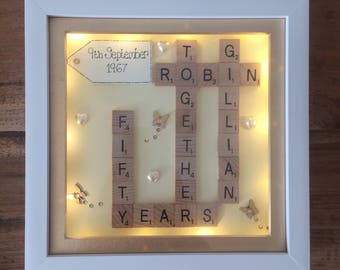 9" Personalised deep box scrabble frame golden silver wedding anniversary led light box gift