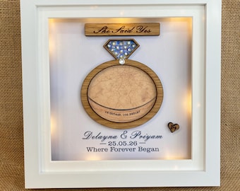 Personalised Engagement Gift | She Said Yes Frame | Proposal Coordinates Keepsake | LED Ring Frame | Special Engagement Present