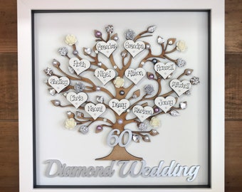 Extra large family tree frame , perfect gift for a wedding anniversary with flowers hearts and diamanté's optional LED lights