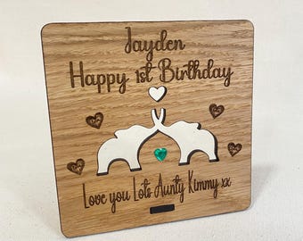 First Birthday Card Alternative – Personalised Elephant Plaque – Wooden 1st Birthday Keepsake