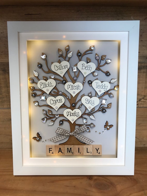 LED LIT Personalised Box Frame Family Scrabble mum Grandma Nana Gift Keepsake
