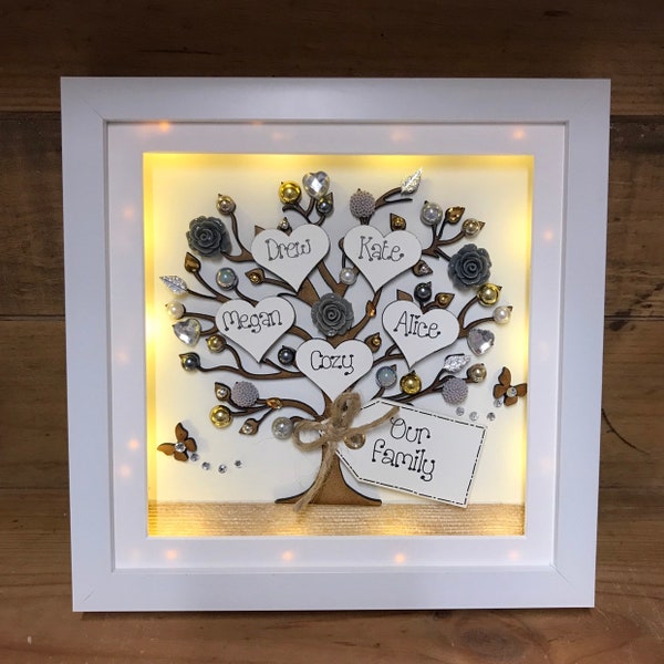 Family Tree Frame Surprise Gift | Perfect Handmade Birthday Gift | Handcrafted New Home Present | Unique Wedding Gift | With LED lights