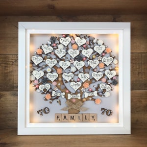 May include: A white framed shadow box with a light gray background and a wooden tree with hearts and flowers. The tree is decorated with names and the words "FAMILY" and "70".
