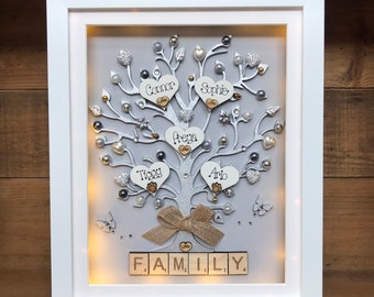 Personalised Family Tree Frame | Customised Family Names Box Frame | Handmade  Birthday Gift | With Optional LED lights