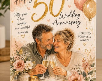 Personalised 50th Golden Wedding Anniversary Card | Custom Watercolour Couple Portrait | Photo Anniversary Card for Parents Grandparents