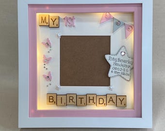 First Birthday Keepsake Frame, Personalised Baby Girl or Boy Gift, 1st Birthday Box Frame with Lights