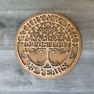 May include: A round wooden plaque with a carved tree design. The plaque features the names "Kathryn & Mike" and the date "02/08/1997" with the text "25 Years" at the bottom.