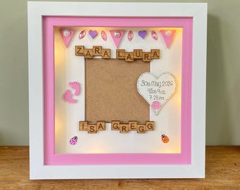 Personalised New Baby Frame, Baby Keepsake Gift, First Birthday LED Box Frame, Custom Birth Details Nursery Decor