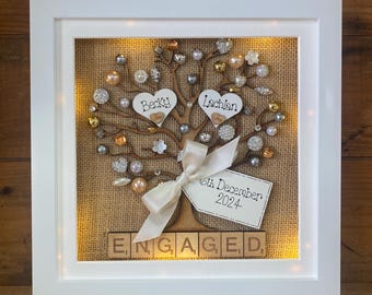 Engagement Keepsake Frame – Handmade with Names & Date – Thoughtful Gift for Newly Engaged - with optional LED lights