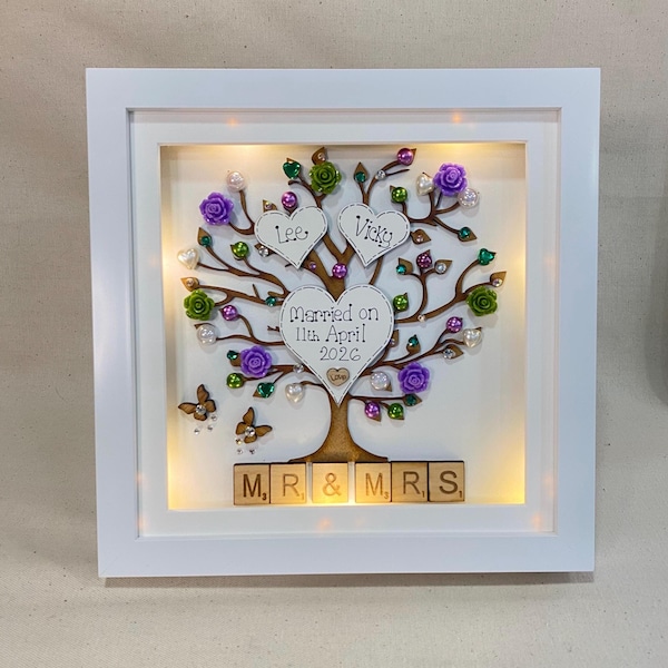 Regalo de boda personalizado / Presente de boda / Marco de caja para Sr. y Sra. / Regalos de boda hechos a mano / Foto de boda de Scrabble / Luces LED opcionales