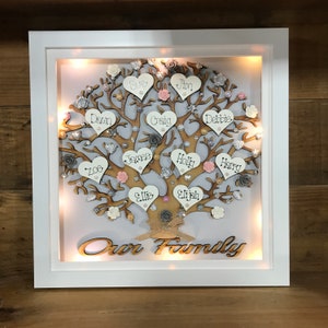 May include: A white framed illuminated wooden family tree with the names Sue, Jim, Dawn, Craig, Debbie, James, Holly, Harry, Zoe, Ellie, Elijah, and the text "Our Family".