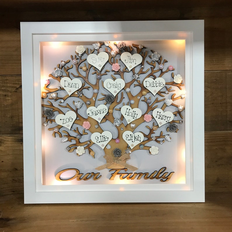 May include: A white framed illuminated wooden family tree with the names Sue, Jim, Dawn, Craig, Debbie, James, Holly, Harry, Zoe, Ellie, Elijah, and the text "Our Family".