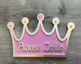 Children’s Door Sign - Princess Crown Plaque - Custom kids Door Plaque Gift - Personalised Door Sign / Prince Sign with Crystals and hearts