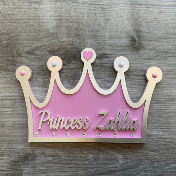 Children’s Door Sign - Princess Crown Plaque - Custom kids Door Plaque Gift - Personalised Door Sign / Prince Sign with Crystals and hearts