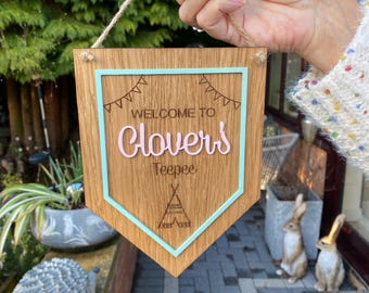 Personalised Wooden Playhouse Sign |  Children's Name Plaque | Custom Kids Playroom Decor |  TeePee Sign