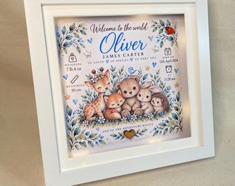 Personalised New Baby Birth Print | Woodland Animal Nursery Wall Art | Newborn Keepsake | Digital Print or Framed LED Light Box