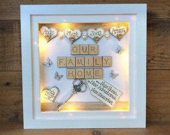 Personalised New Home Gift, Family Scrabble Tile Frame, Housewarming Gift, Custom Family Name Sign with LED Lights