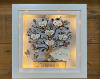 Personalised Family Tree Frame Mothers Day Gift Mum Grandma Nana Gift From Children Keepsake Optional LED Lights