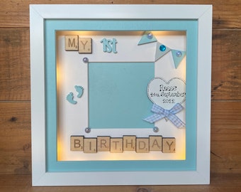 My First Birthday - Personalised Photo Frame - many colours available with OPTIONAL LED lights