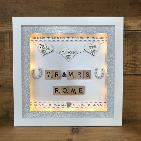 personalised scrabble frame Mr /& Mrs wedding gift with diamonds and sparkle