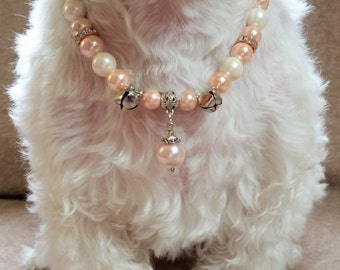 Beige & Blush Pearl Beads, Royal and Elegant Design Necklace, Cat Collar, Dog Collar, Fancy Pet Collar, with Blush Pearl Charm.