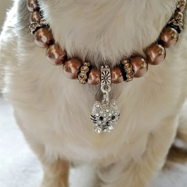 Brown Pearl Beads, Charming and Elegant, Custom Designed Necklace, Dog And Cat Collar, Fancy Pet Collar, with Rhinestone Kitty Charm