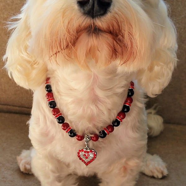 Hot Red And Black Pearl Beads, Exotic and Elegant Design Necklace, Cat And Dog Collar, Fancy Pet Collar, with Red Rhinestone Heart Charm