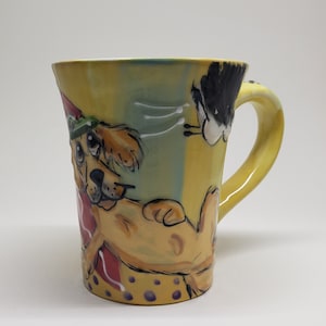 Brown Dogs Relaxing at Beach, Hand-Made Ceramic Coffee Mug by Debby Carman