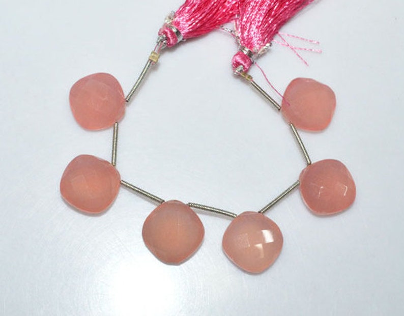 Long Size 15 x 15 mm Brand New 6 Pieces Rose Pink Chalcedony Faceted Cushion Shape Briolette Lowest Price BL3709