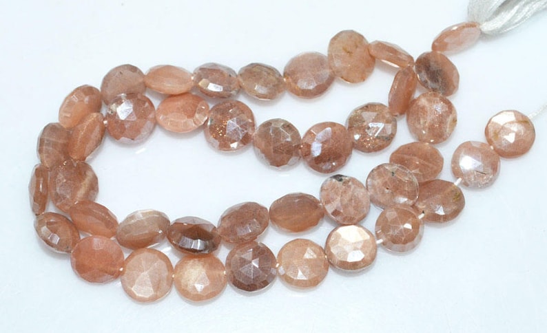 13-BL3828 AB Coated Peach Moonstone Brand New Pack of 3 Strands Mystic Peach Moonstone Faceted Coin Shape Briolette 8-10 mm