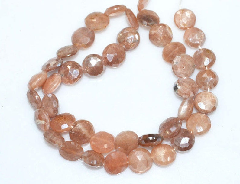 13-BL3828 AB Coated Peach Moonstone Brand New Pack of 3 Strands Mystic Peach Moonstone Faceted Coin Shape Briolette 8-10 mm