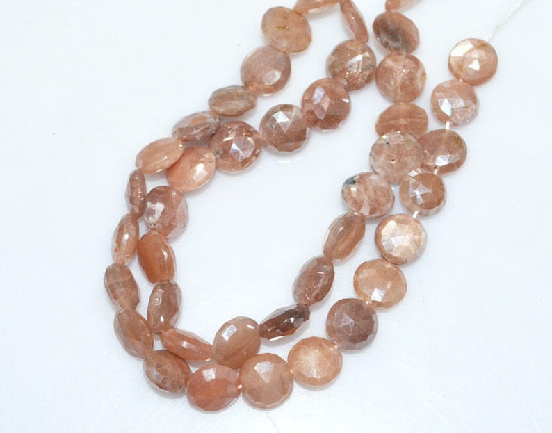 13-BL3828 AB Coated Peach Moonstone Brand New Pack of 3 Strands Mystic Peach Moonstone Faceted Coin Shape Briolette 8-10 mm
