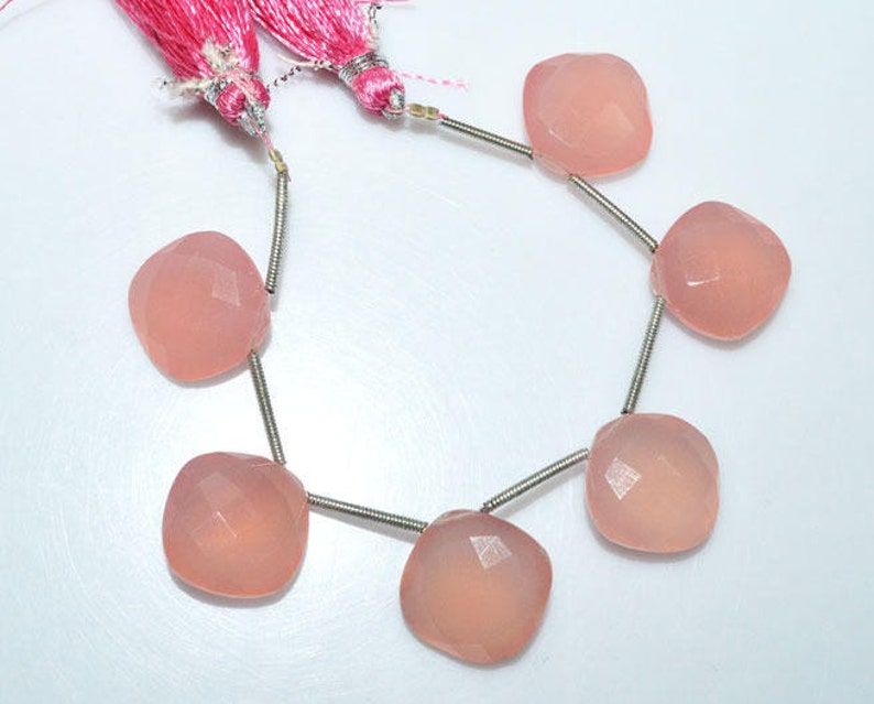 Long Size 15 x 15 mm Brand New 6 Pieces Rose Pink Chalcedony Faceted Cushion Shape Briolette Lowest Price BL3709