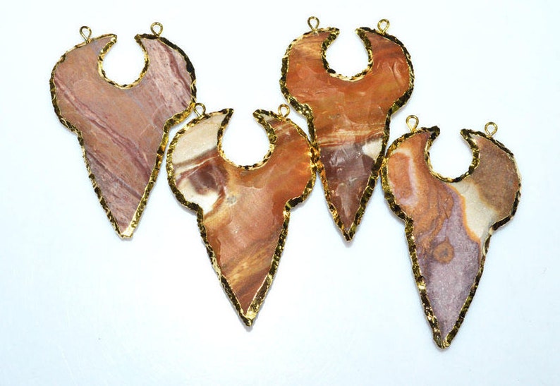 AH432 Electroplated With 24K Gold Plated Pendant 4 Pieces Brand New Jasper Arrowhead Double Bail Pendant 55-58 mm