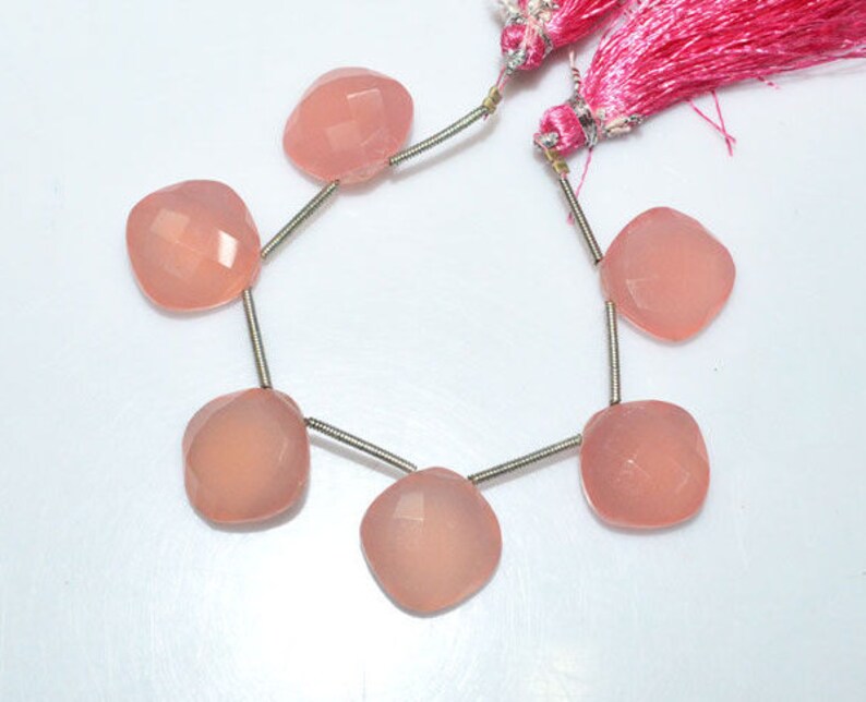 Long Size 15 x 15 mm Brand New 6 Pieces Rose Pink Chalcedony Faceted Cushion Shape Briolette Lowest Price BL3709
