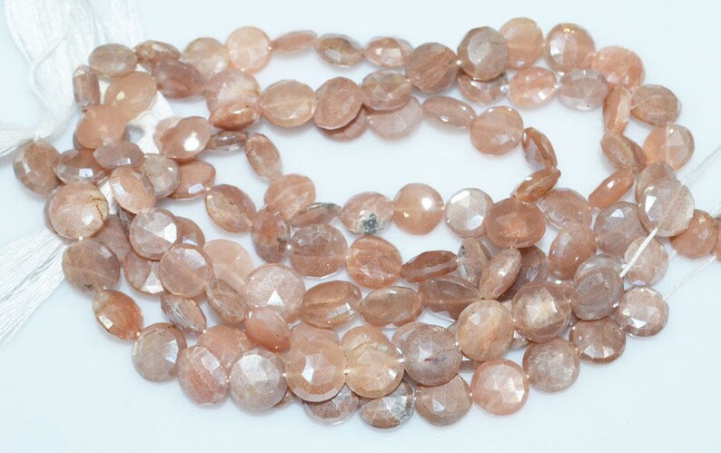 13-BL3828 AB Coated Peach Moonstone Brand New Pack of 3 Strands Mystic Peach Moonstone Faceted Coin Shape Briolette 8-10 mm