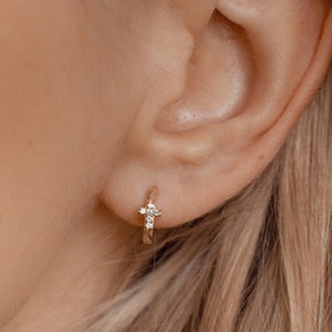 Cross Hoop Earrings | Solid Gold Hoops | Gold Cross Earrings | 14k Solid Gold Earrings | Solid Gold Huggies | Cross Hoops