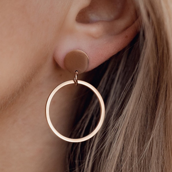 Pendientes de aro circular oro rosa / pendientes redondos círculo abierto plata / pendientes impermeables / pendientes chapados en oro de 18K / joyería geométrica