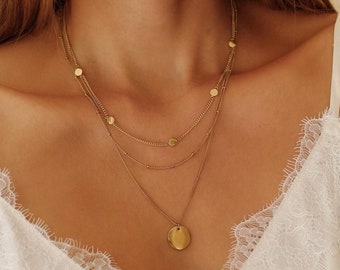 Circle Necklace Layering Set Gold Plated | Set of 2 Necklaces: Short Coin Necklace and Double Layered Necklace with Disc Pendant