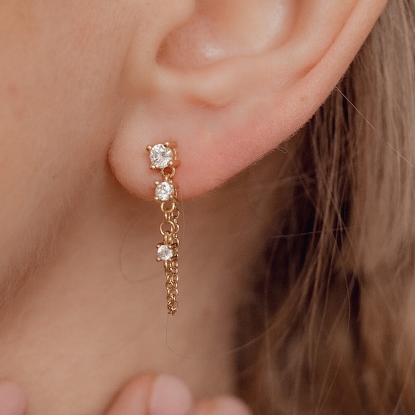 Gemstone Chain Stud Earrings 925 Sterling Silver | Chain Dangle Earrings with Zirconia Stones