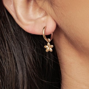 Könnte beinhalten: Goldener Creolen-Ohrring mit einem kleinen, blütenförmigen Anhänger. Der Ohrring wird am Ohr einer Person mit dunklem Haar getragen. Der Blumenanhänger hat fünf Blütenblätter und hängt frei.