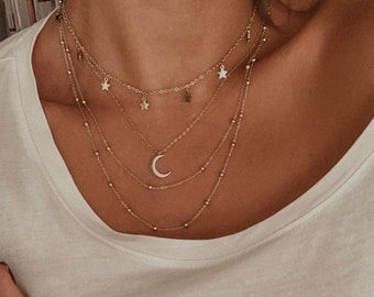 Multilayer Necklace Set in Gold | 3 Necklaces - Half Moon Necklace, Double Layered Necklace and Necklace with Star Charms