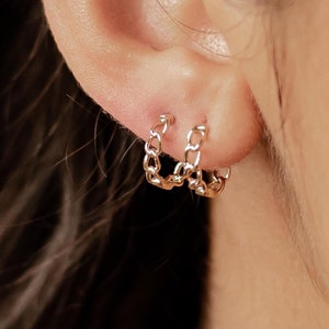 14K Gold Chain Huggie Hoop Earrings: Small Chunky Gold Hoops