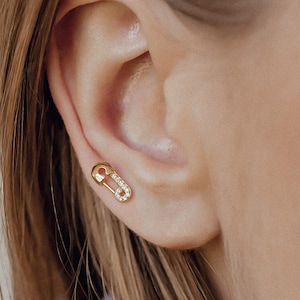 Safety Pin Stud Earrings | Safety Pin Ear Studs Unique Earrings 18K Gold Plated Sterling Silver